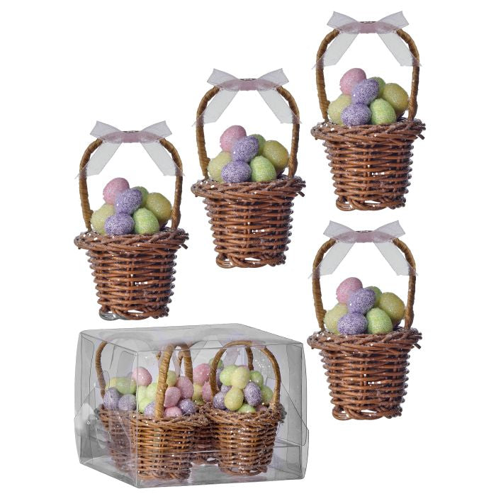 3-inch Easter basket ornament featuring pastel eggs with a festive holiday silhouette.
