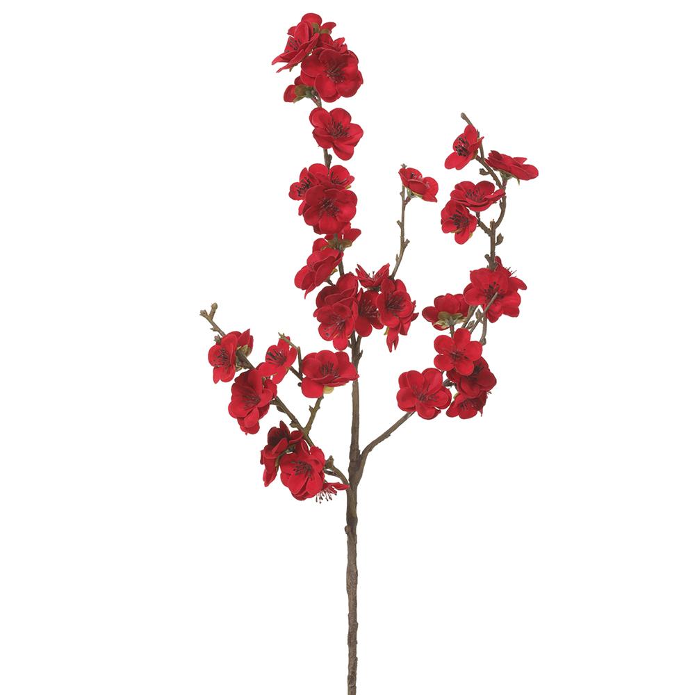 18-inch red velvet plum blossom spray with soft-touch fabric blooms on a brown textured stem.