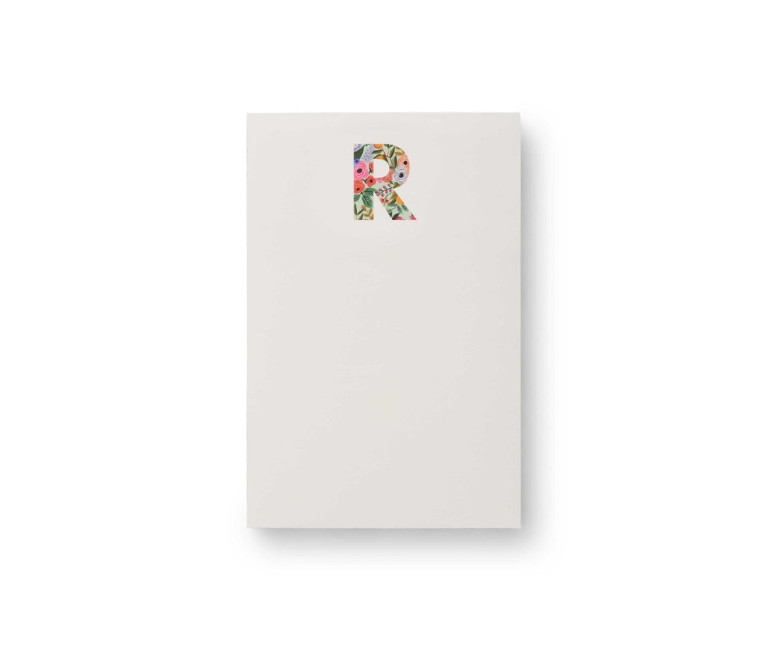 Garden Party monogram notepad with tear-off sheets in a floral pattern.