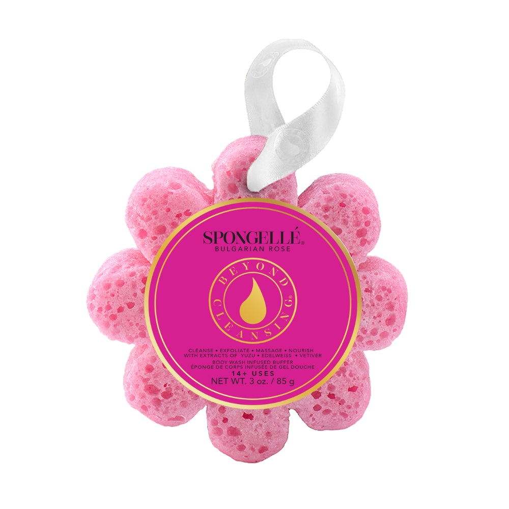 Pink flower-shaped Spongellé Bulgarian Rose body wash infused buffer with a white hanging ribbon.