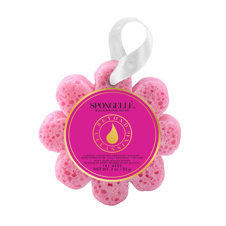 Pink flower-shaped Spongellé Bulgarian Rose body wash infused buffer with a white hanging ribbon.