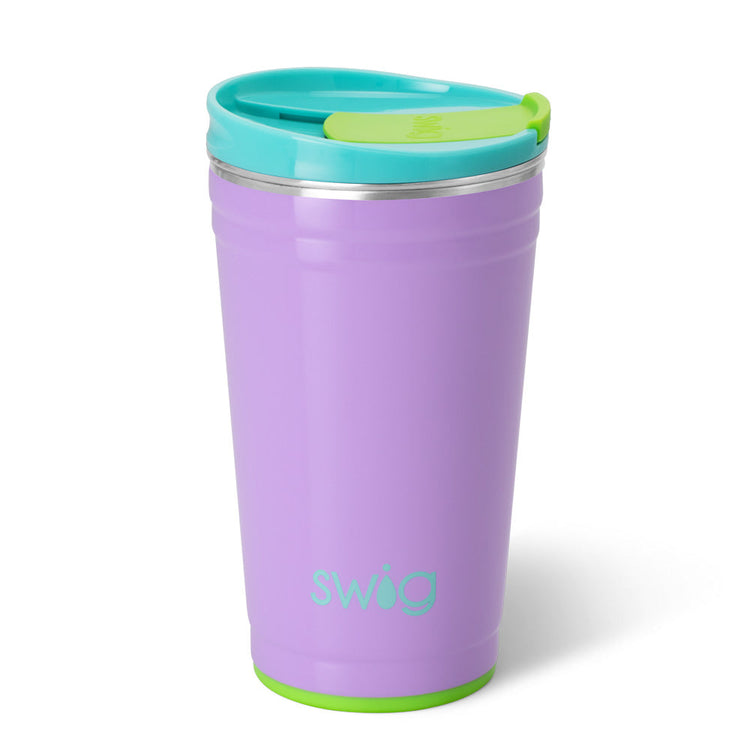 Purple 24oz insulated stainless steel party cup with a teal lid and green silicone base.
