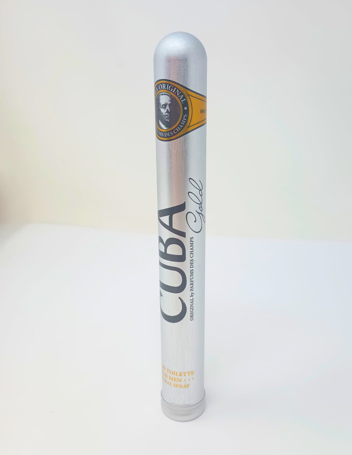 Cuba Gold Eau de Toilette for men in a silver cigar-shaped spray bottle.