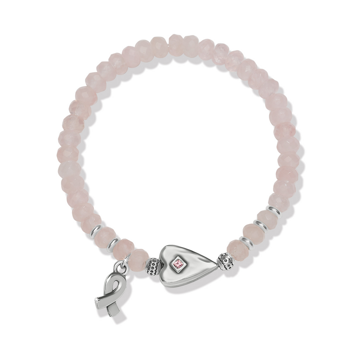 Power Of Pink 2026 stretch bracelet with pink faceted beads, silver heart, and awareness ribbon.