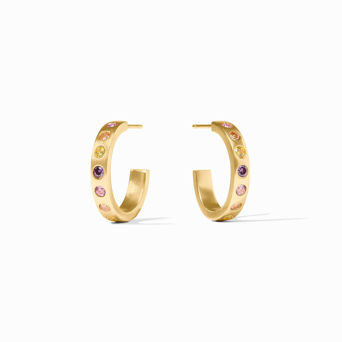 Rainbow hoop earrings with gold plating and cubic zirconia posts