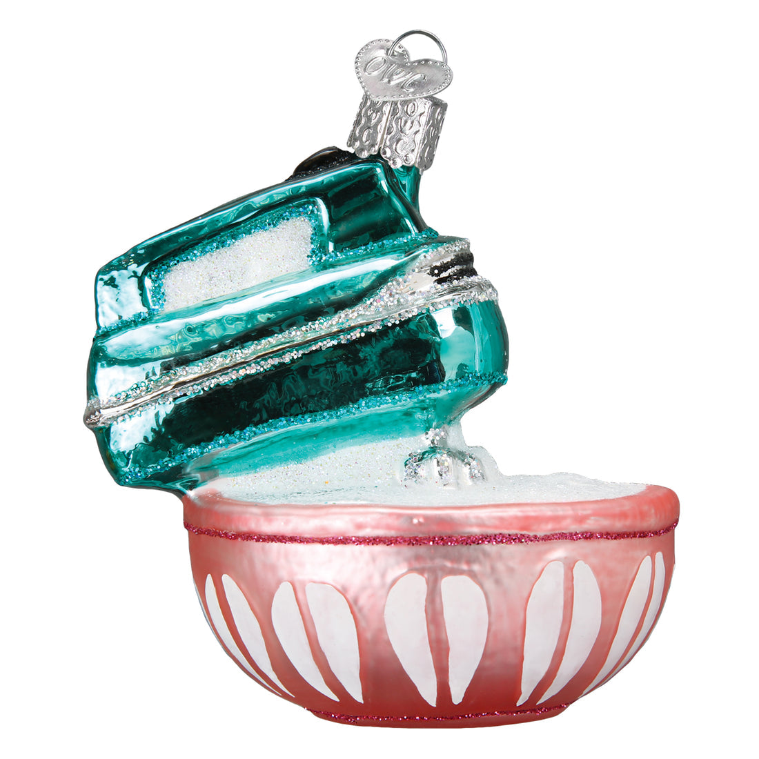 Glass hand mixer ornament with a teal mixer and a pink patterned bowl filled with white glitter.