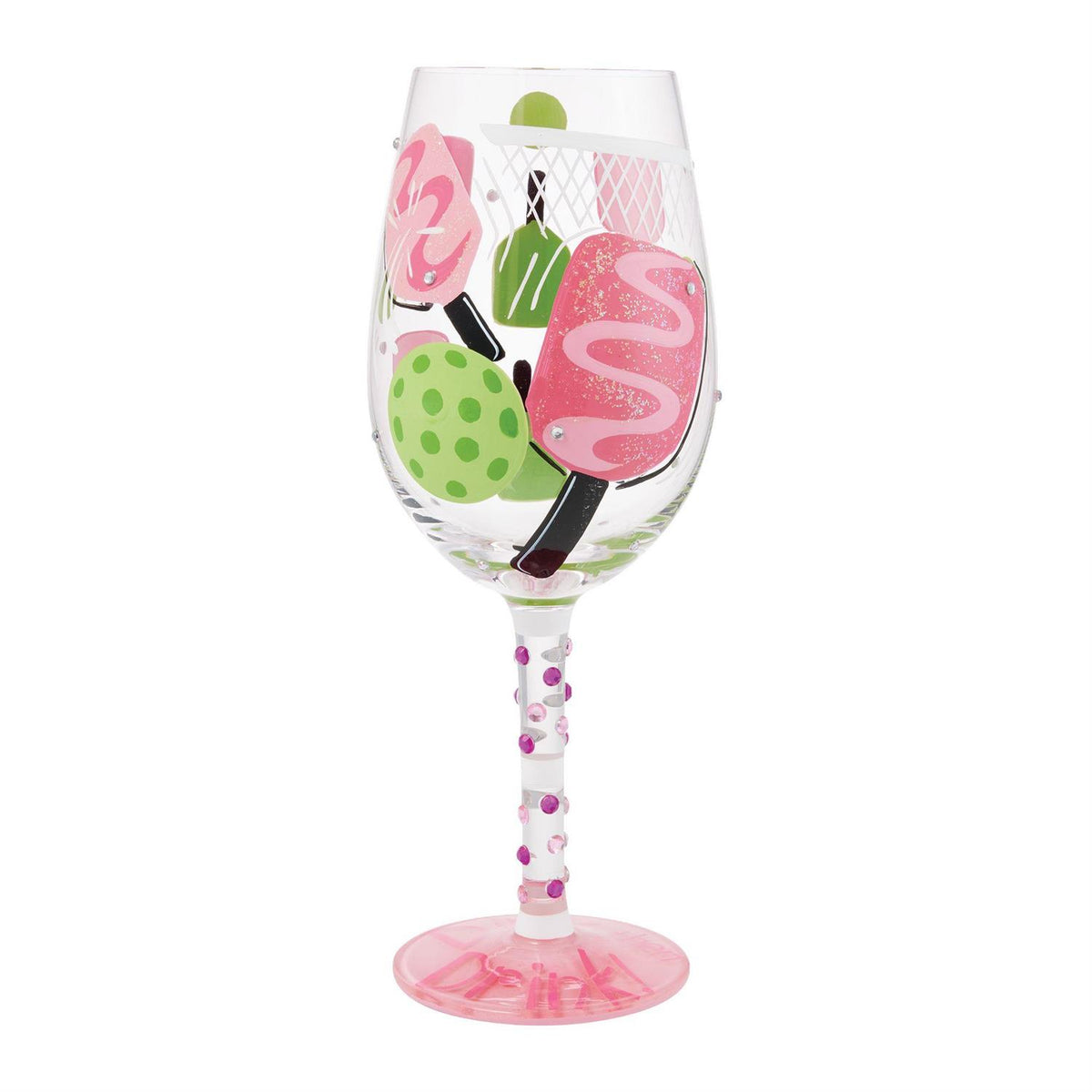 Blown glass wine glass with hand-painted cocktail recipe base and glitter accents