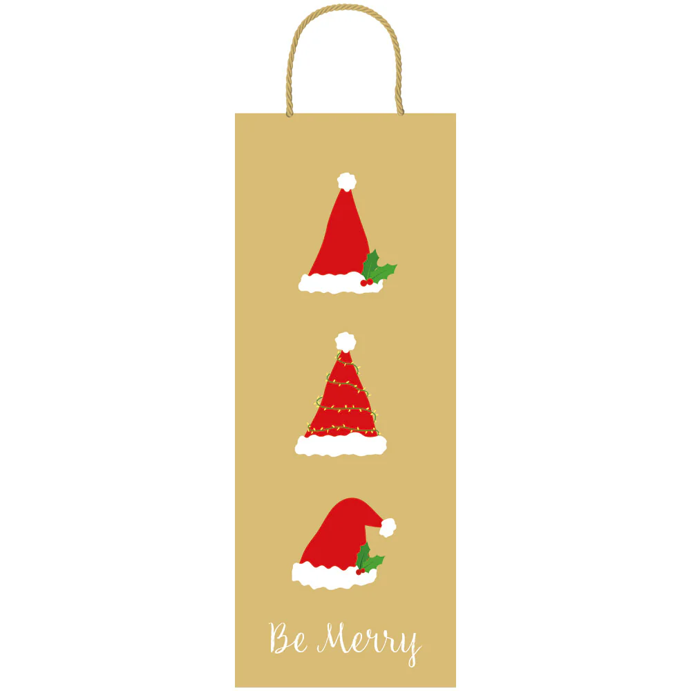 Gold gift bag with three Santa hats, holly, and 'Be Merry' text in white script.
