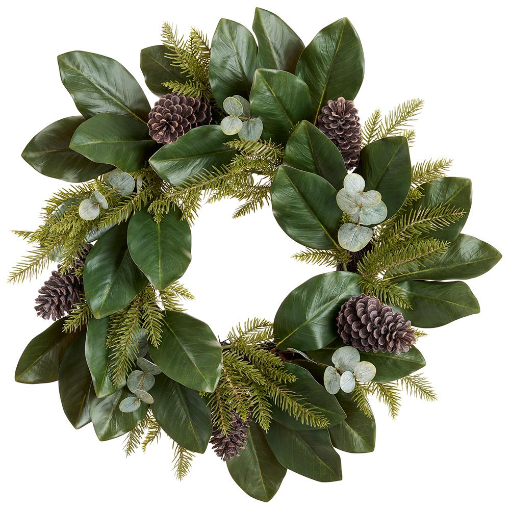 24-inch wreath with green magnolia leaves, pine needles, eucalyptus, and brown pine cones.