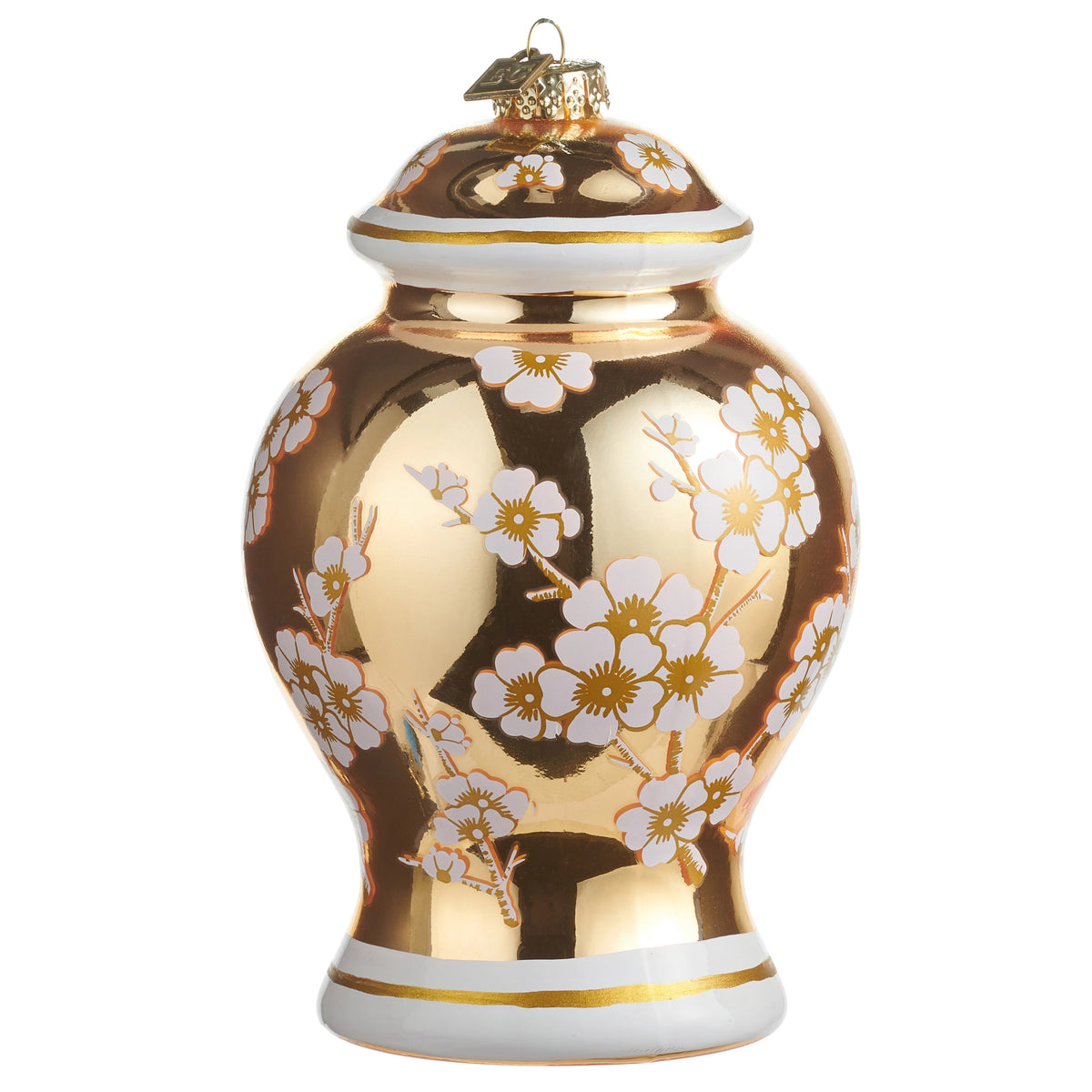 6.25-inch golden glass ginger jar Christmas ornament with white cherry blossom floral patterns.