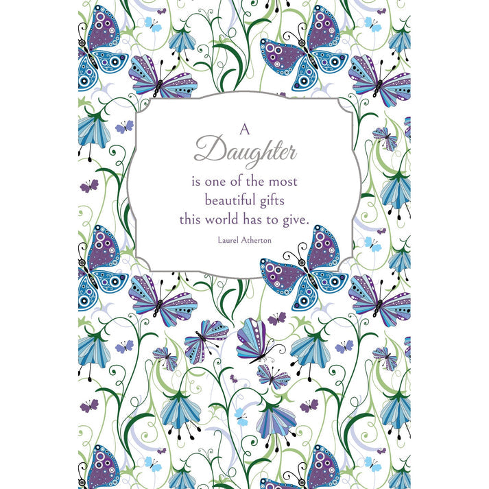Blue card with violet flowers, butterflies, glitter foil embossing.