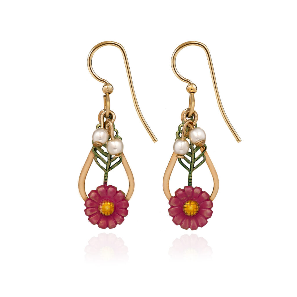 Gold-tone open teardrop earrings with a pink flower, green leaf, and small white pearl accents.