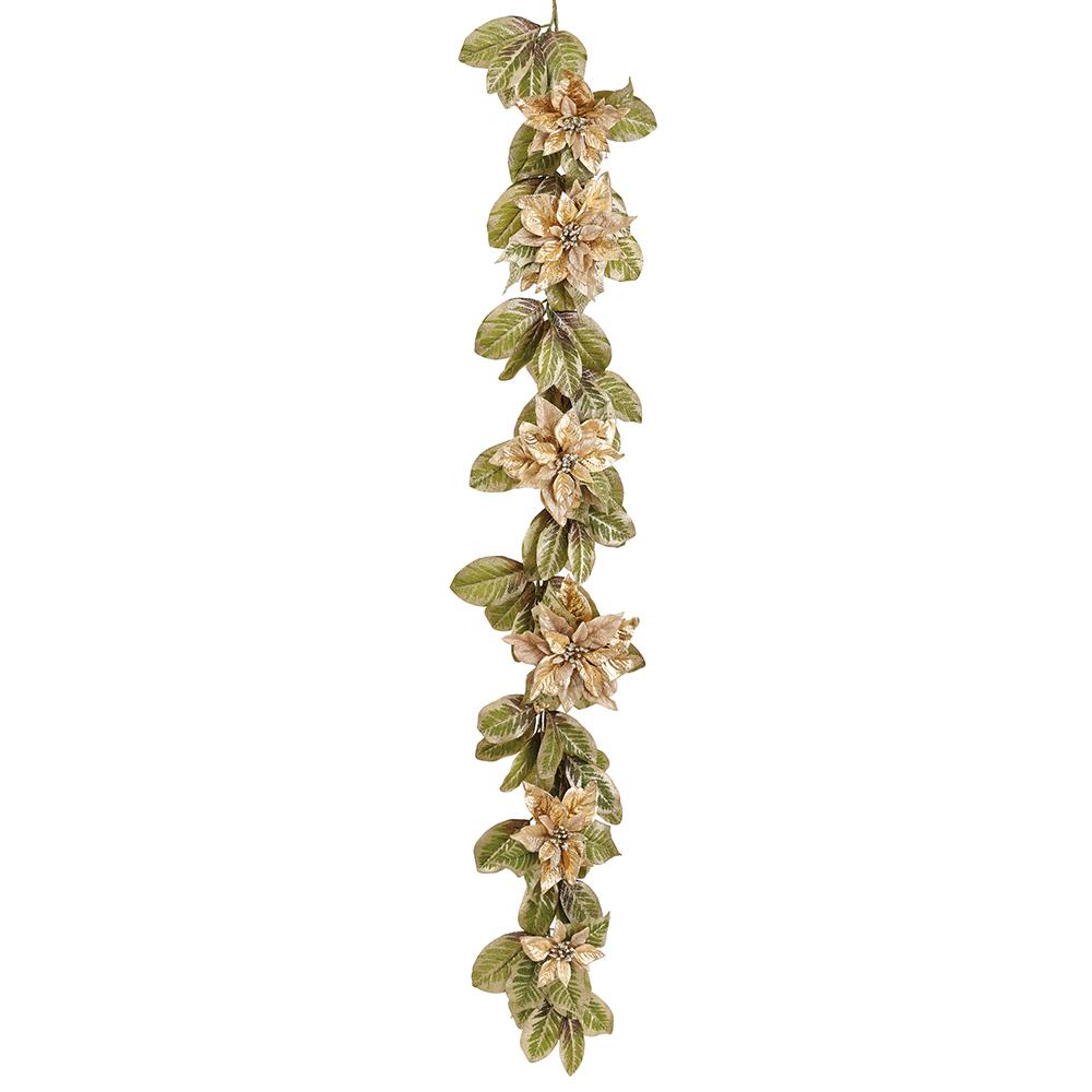 77-inch metallic gold poinsettia garland with shimmering green leaves and glitter accents.