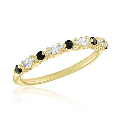 CZ ring with jet black sequenced gold layers in a stacked band silhouette.