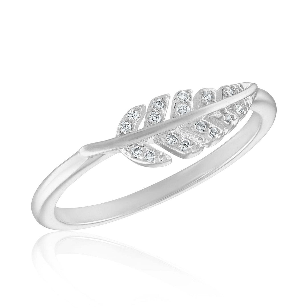 CZ leaf stack ring featuring a silver band with an emerald-cut cubic zirconia stone shaped like a stylized leaf.