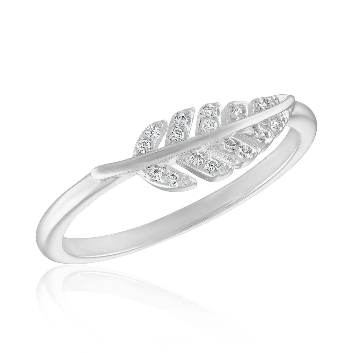CZ Leaf Stack Ring in silver metal featuring a delicate leaf pattern with clear cubic zirconia accents.
