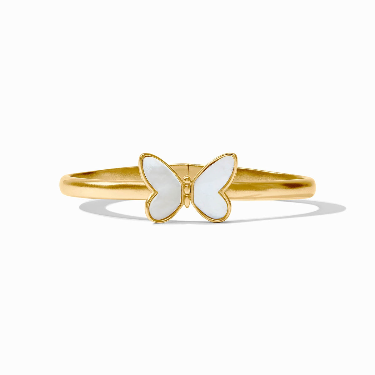 Papillon hinge bangle in mother of pearl with 24K gold plating and spring closure