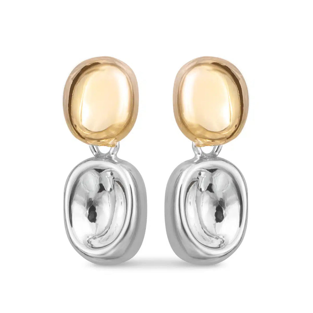 Eden Mini Drop Two Tone Stud Earrings featuring a gold oval top and a silver oval drop.