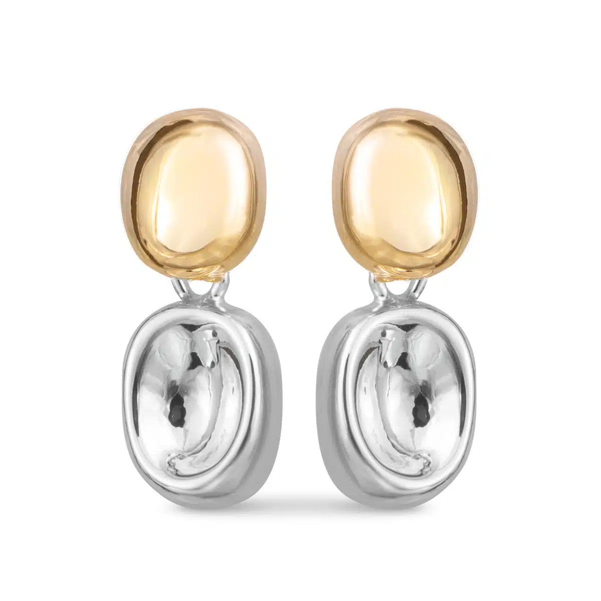 Eden Mini Drop Two Tone Stud Earrings featuring a gold oval top and a silver oval drop.