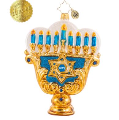 Glass menorah ornament with gold base, blue glitter accents, and nine blue candles with gold flames.