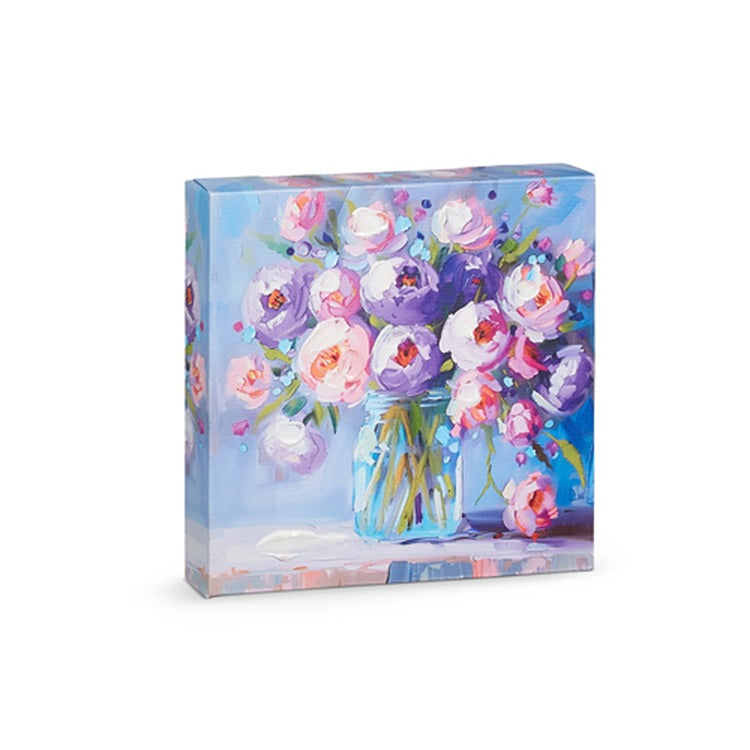 6-inch square purple floral wall art on canvas with MDF backing