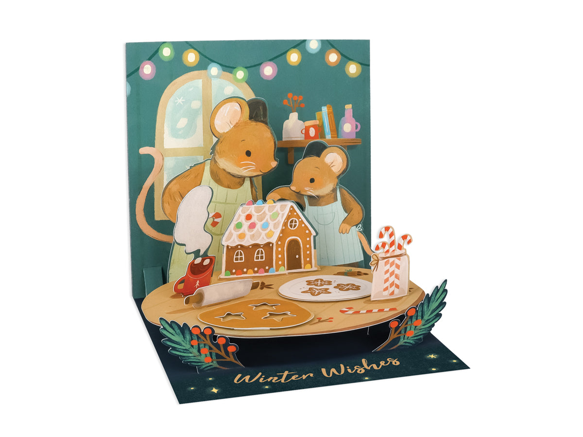 Red foil Christmas card with white envelope featuring a holiday mouse silhouette.