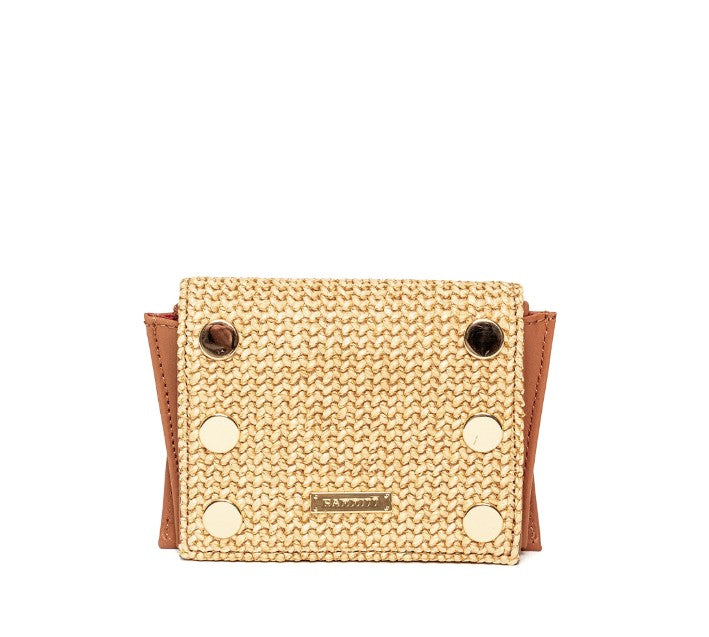 Allen wallet in cocoa raffia pebbled leather with brushed gold hardware.
