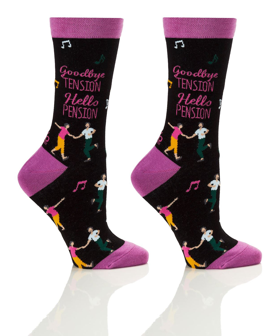Women's crew socks in black with purple accents and 'Goodbye Tension Hello Pension' text.