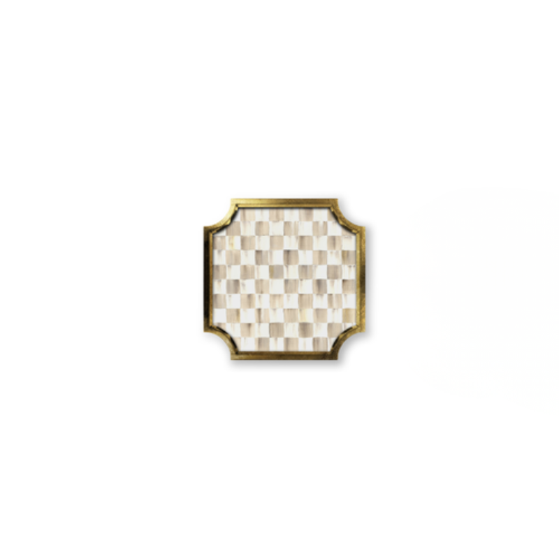Square stackable trinket tray with a checkered mother-of-pearl pattern and gold leaf gallery edges.