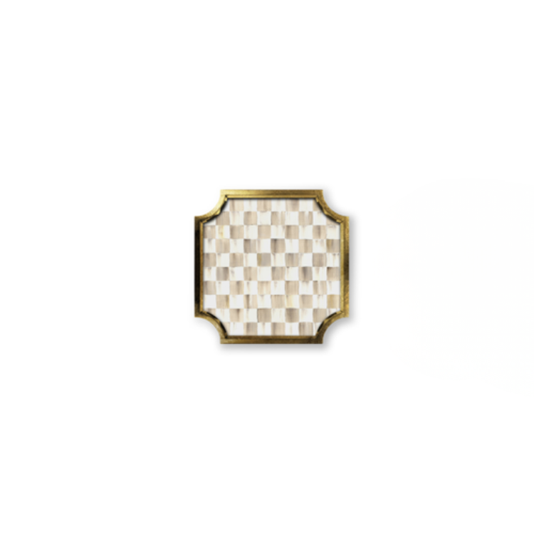 Square stackable trinket tray with a checkered mother-of-pearl pattern and gold leaf gallery edges.