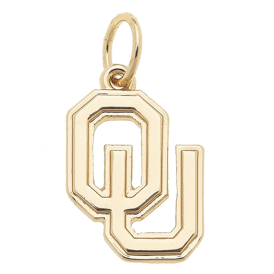 Oklahoma Sooners shiny gold-plated logo charm with an interlocking OU design and top jump ring.