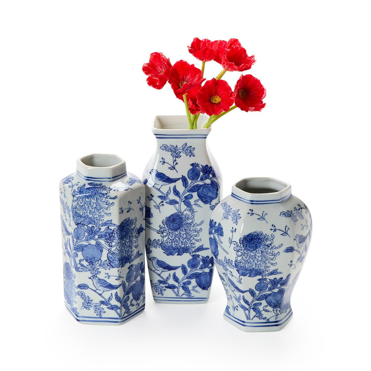 Three hand-painted blue and white porcelain vases with chrysanthemum and bird motifs.