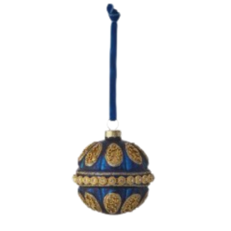2.5-inch blue glass ball ornament with gold jewel accents and a blue velvet hanging ribbon.