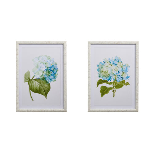 Framed wall art featuring a blue hydrangea floral pattern on wood with glass.