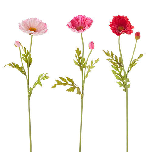 Single artificial poppy stem with red petals on a green foam-stem base.
