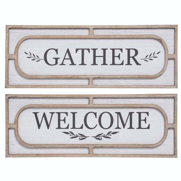 MDF framed welcome sign with wood finish displaying gathered text in a simple silhouette.