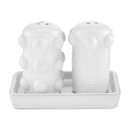 Terra cotta beaded salt and pepper shaker set with matching tray