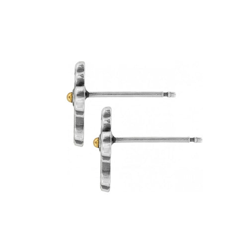 Side view of Luna Cross Mini Post Earrings in silver and gold plated finish.