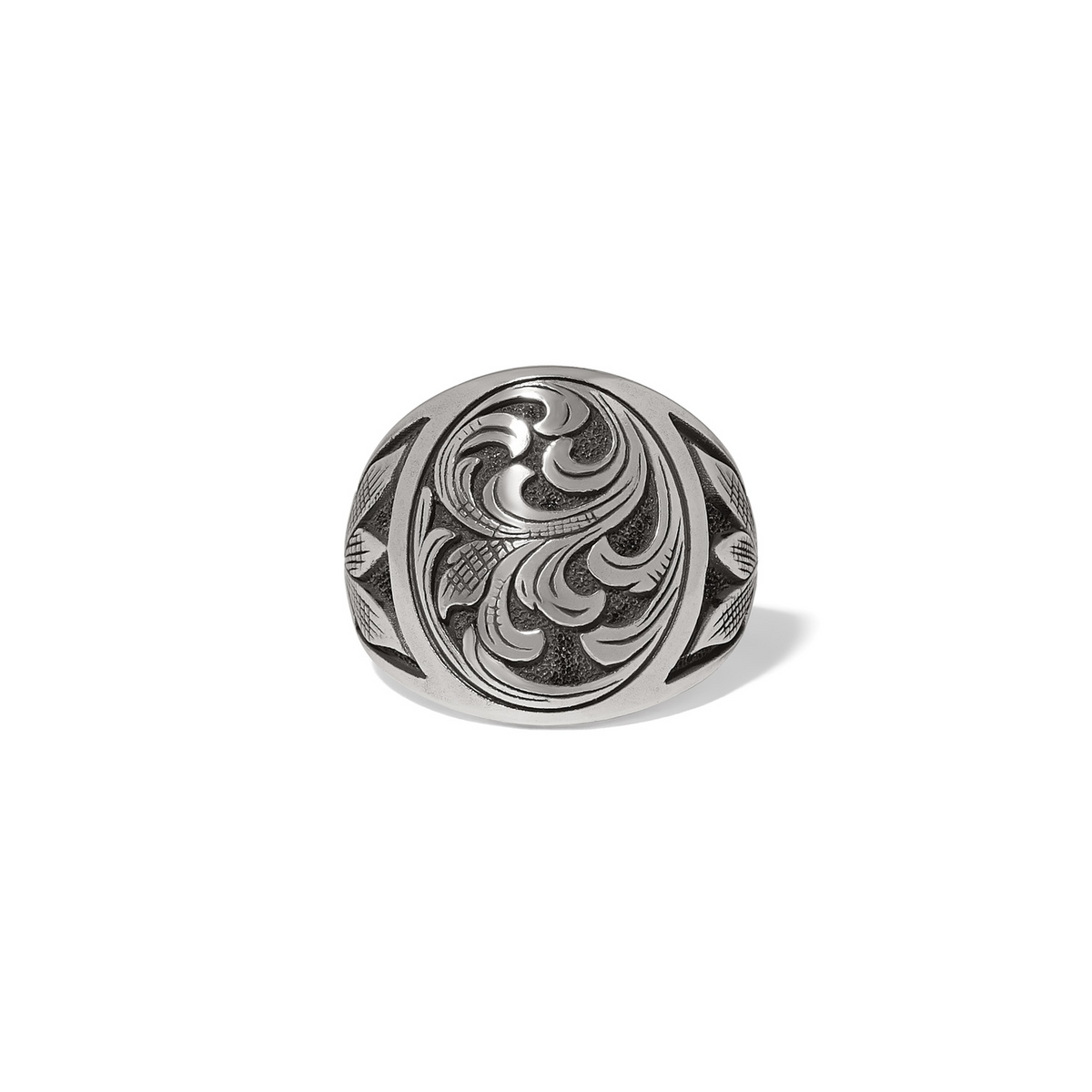 Ferrara Florentine Ring in silver-plated finish with intricate scrollwork and floral engraving.
