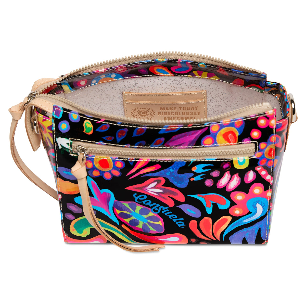 Natural untreated leather City Bag with zipper closure, interior slide pocket, credit card slots, and detachable adjustable woven crossbody strap.