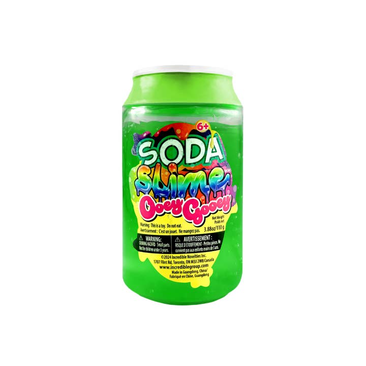 Green Soda Slime in a can-shaped container with colorful Ooey Gooey branding.