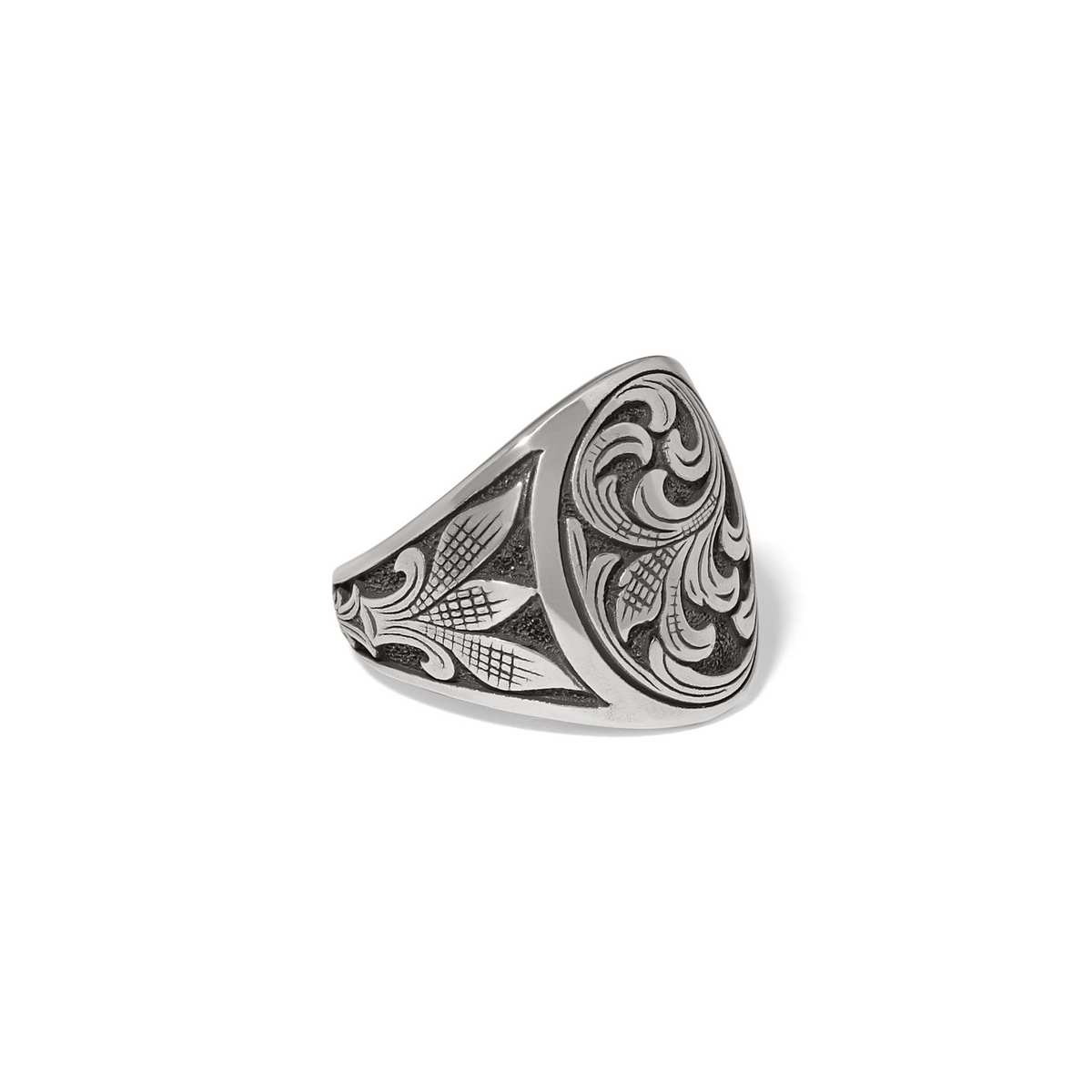 Silver plated Ferrara Florentine Ring featuring intricate engraved scrollwork and floral patterns.