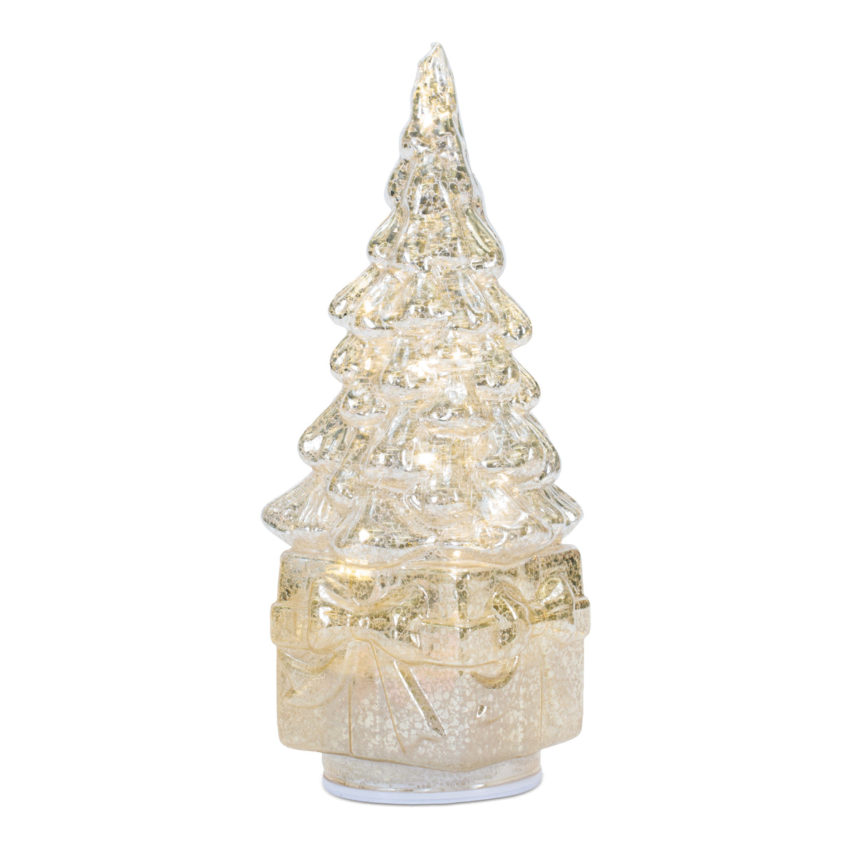 Glass rotating LED Christmas tree on a gift box base with warm glowing lights.