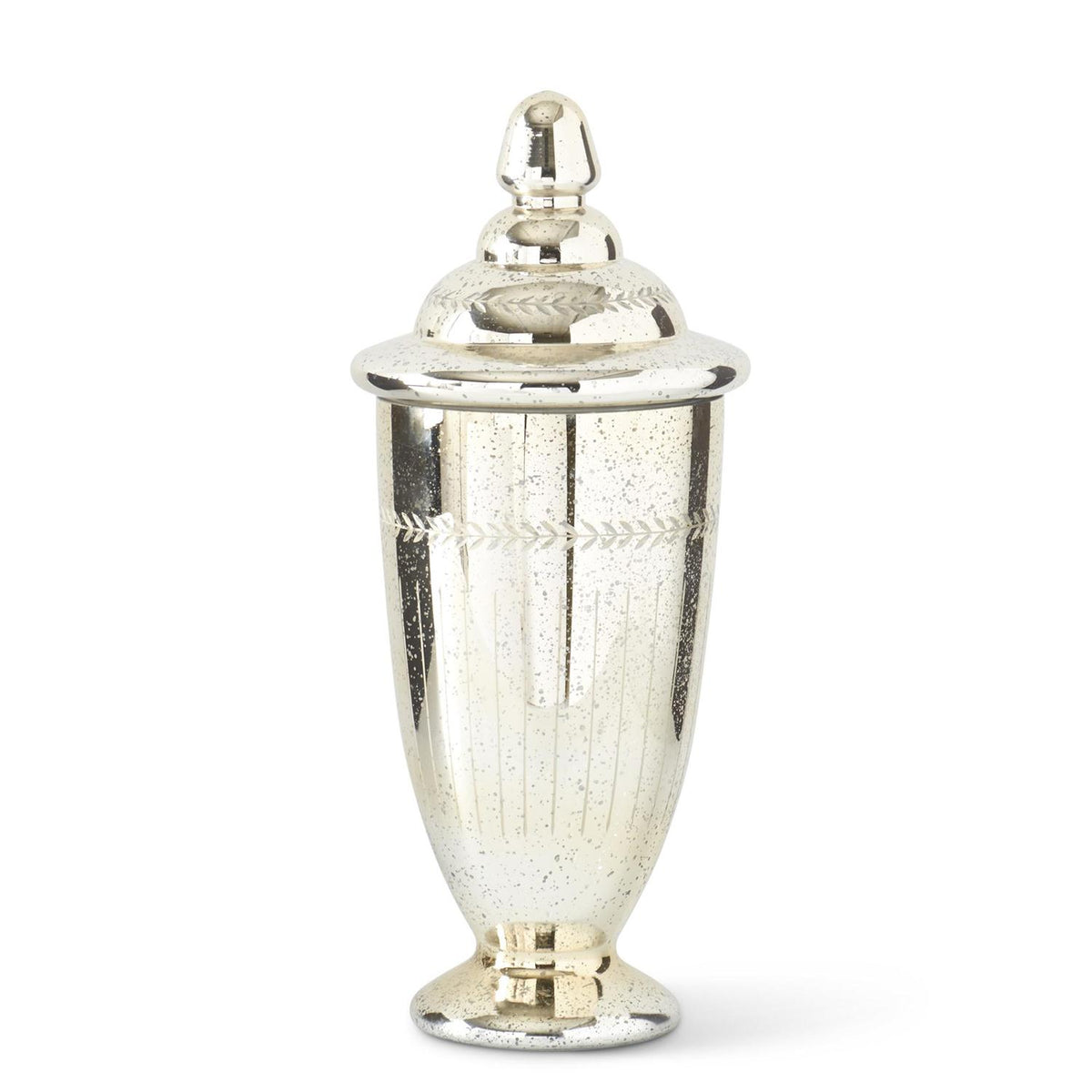 Mercury glass jar with lid featuring a reflective silver finish.