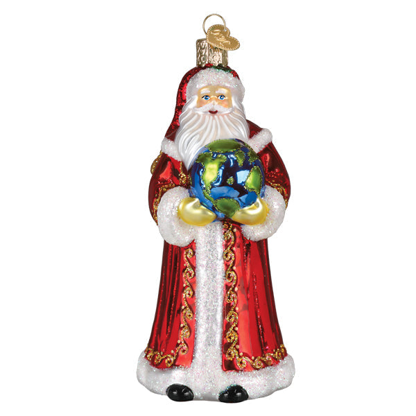 World Peace Santa ornament featuring a red figure with white beard holding an olive branch against green background