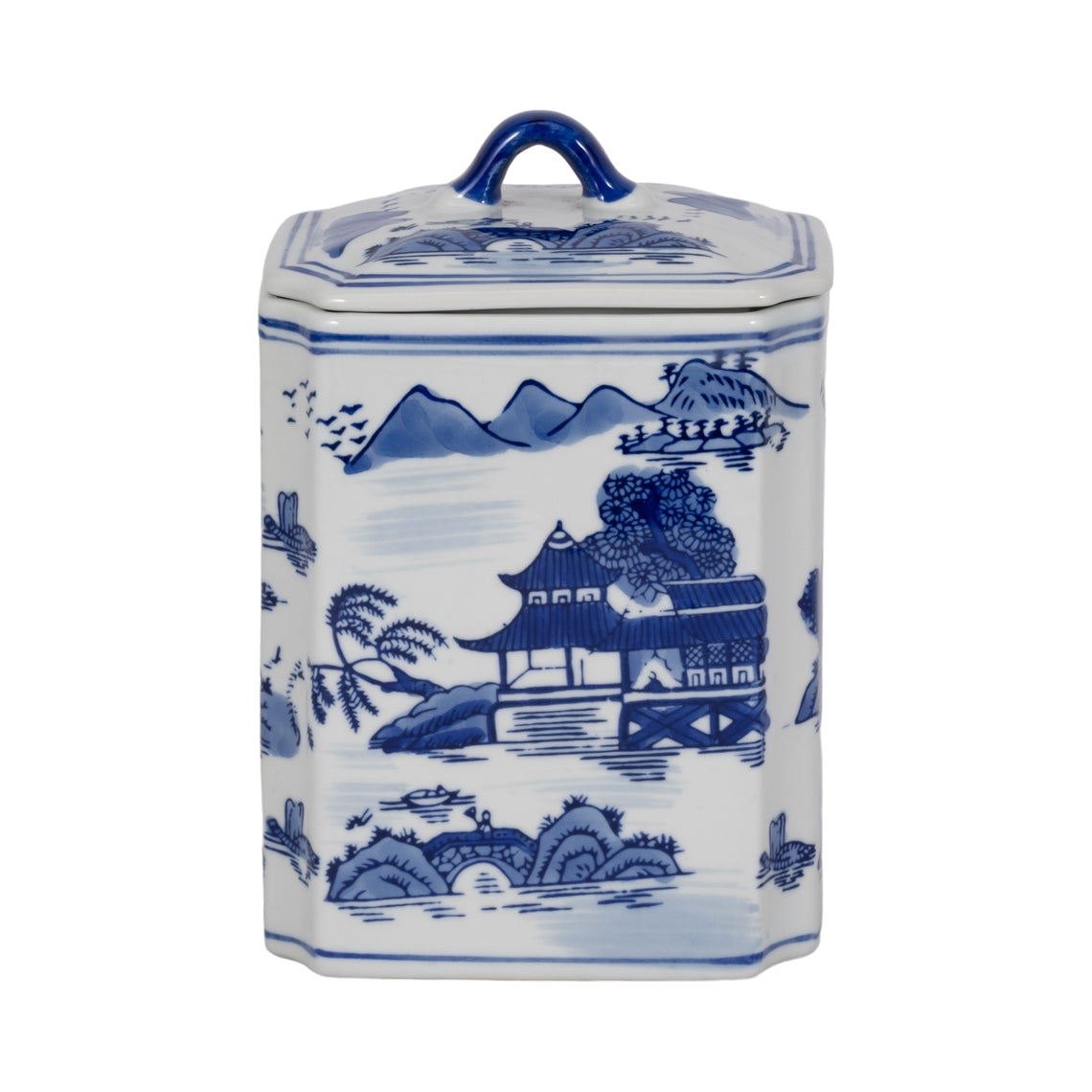8-inch blue and white ceramic rectangular jar with lid featuring a traditional landscape scene.