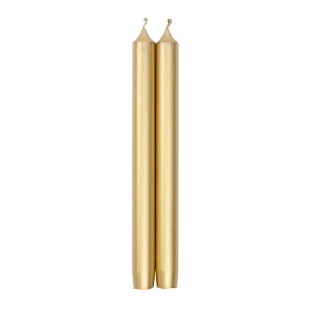 Two 10-inch gold metallic taper candles with a crown top and tapered base.