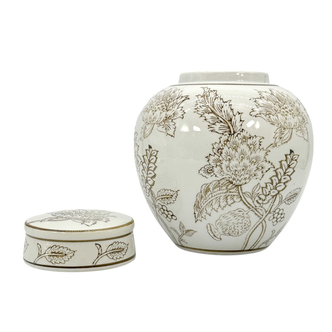10-inch white and brown chinoiserie ceramic urn style jar with a matching removable lid.