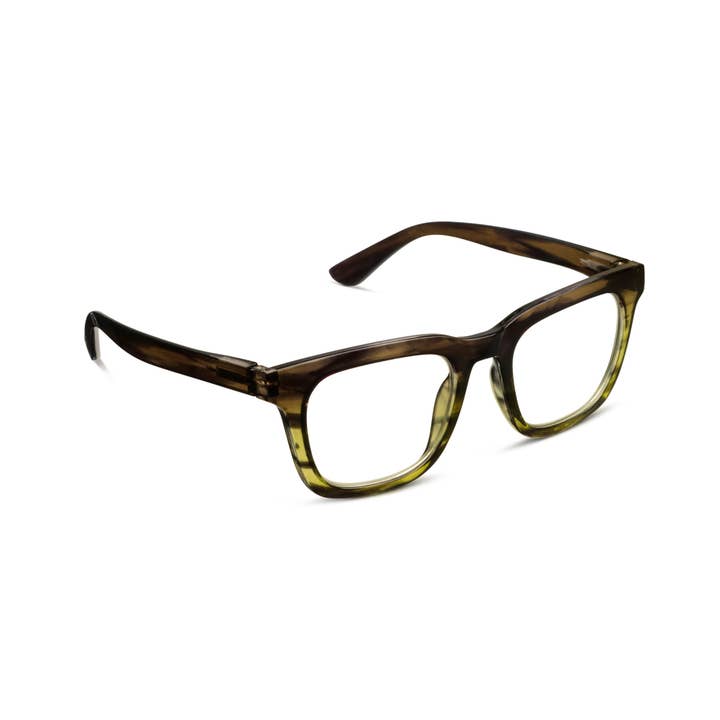 Cavern square-frame blue light glasses in a brown and olive green tortoise pattern.