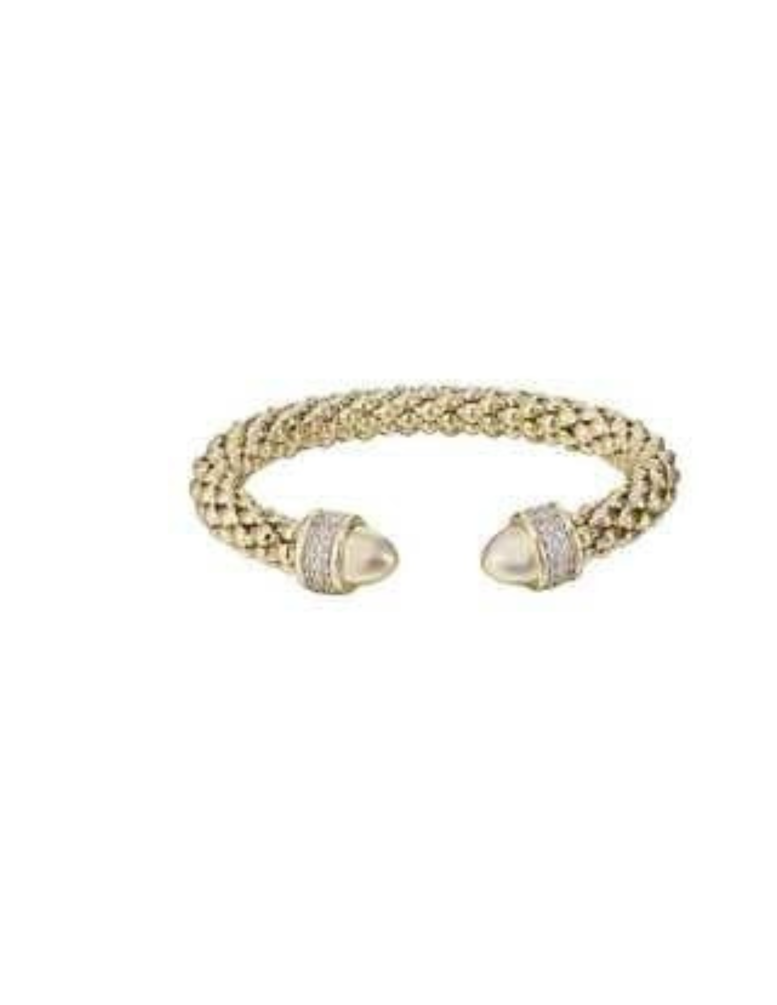 Gold mesh weave cuff bracelet with diamond-encrusted end caps and smooth stone tips.